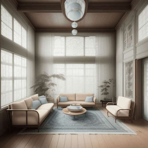 AI generated: High resolution photography interior design, dreamy sunken living room conversation pit, wooden floo...