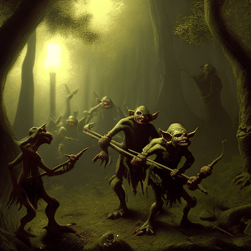 AI generated: goblins stalk in the dark woods rembrandt, medieval fantasy world, battle-torn, hyper realistic, hyp...