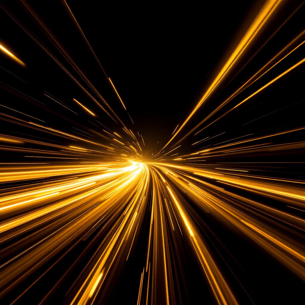 AI generated: A long-exposure abstract photograph displays golden light trails radiating outward in dynamic, sweep...