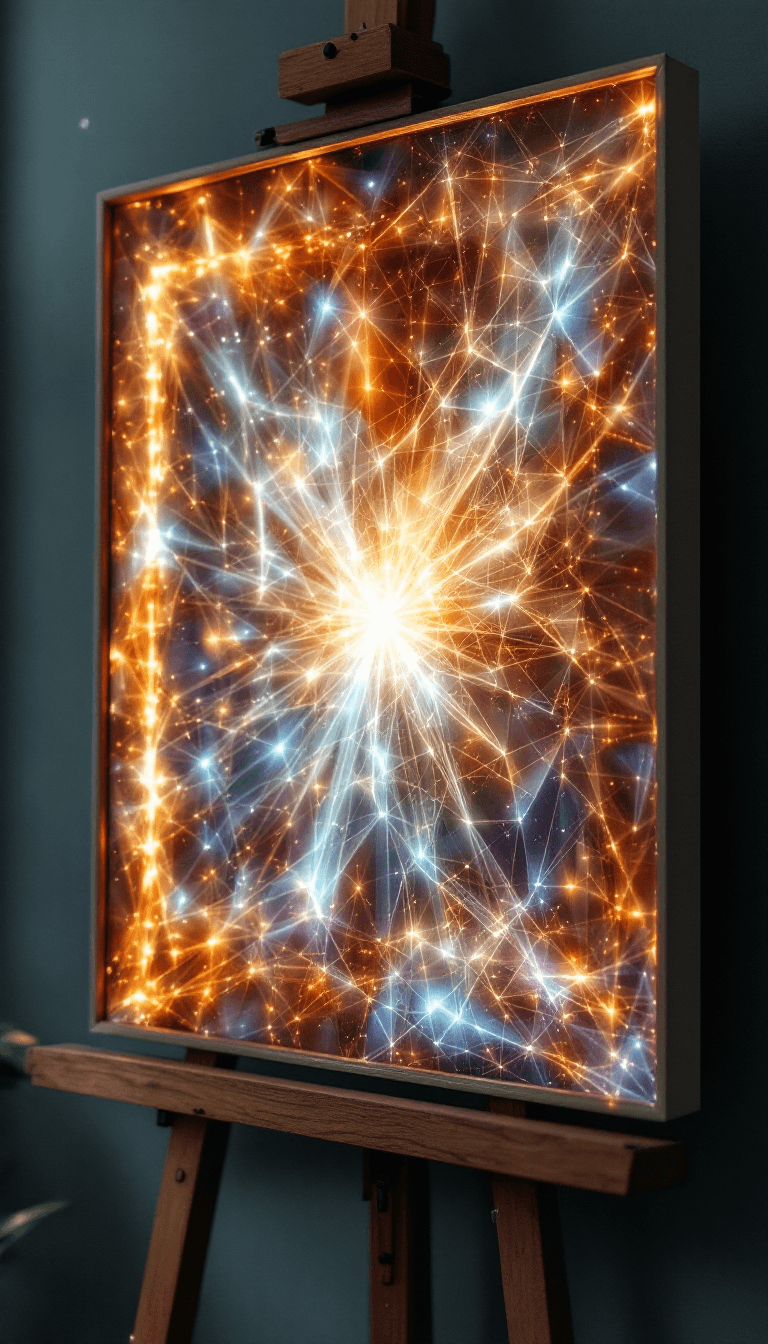 AI generated: Macroview of a holographic canvas with angles transforming to reality in style of Michelangelo oil p...