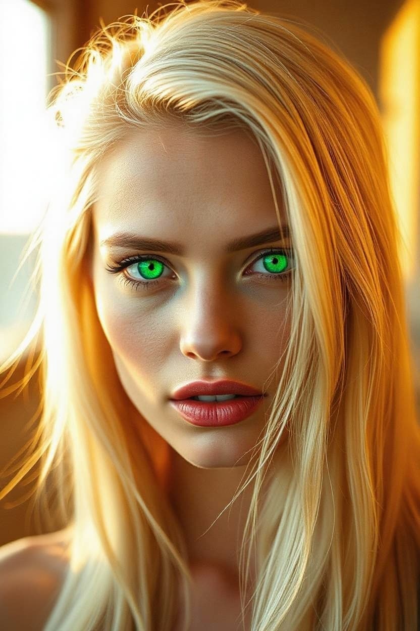 AI generated: "A finely detailed, warm-toned professional photograph of a supermodel with flowing  platinum blonde...