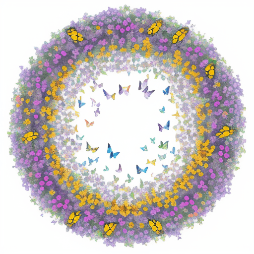 AI generated: a hundred butterflies of all colors, flying in a circle around one flower, the flower is invisible a...