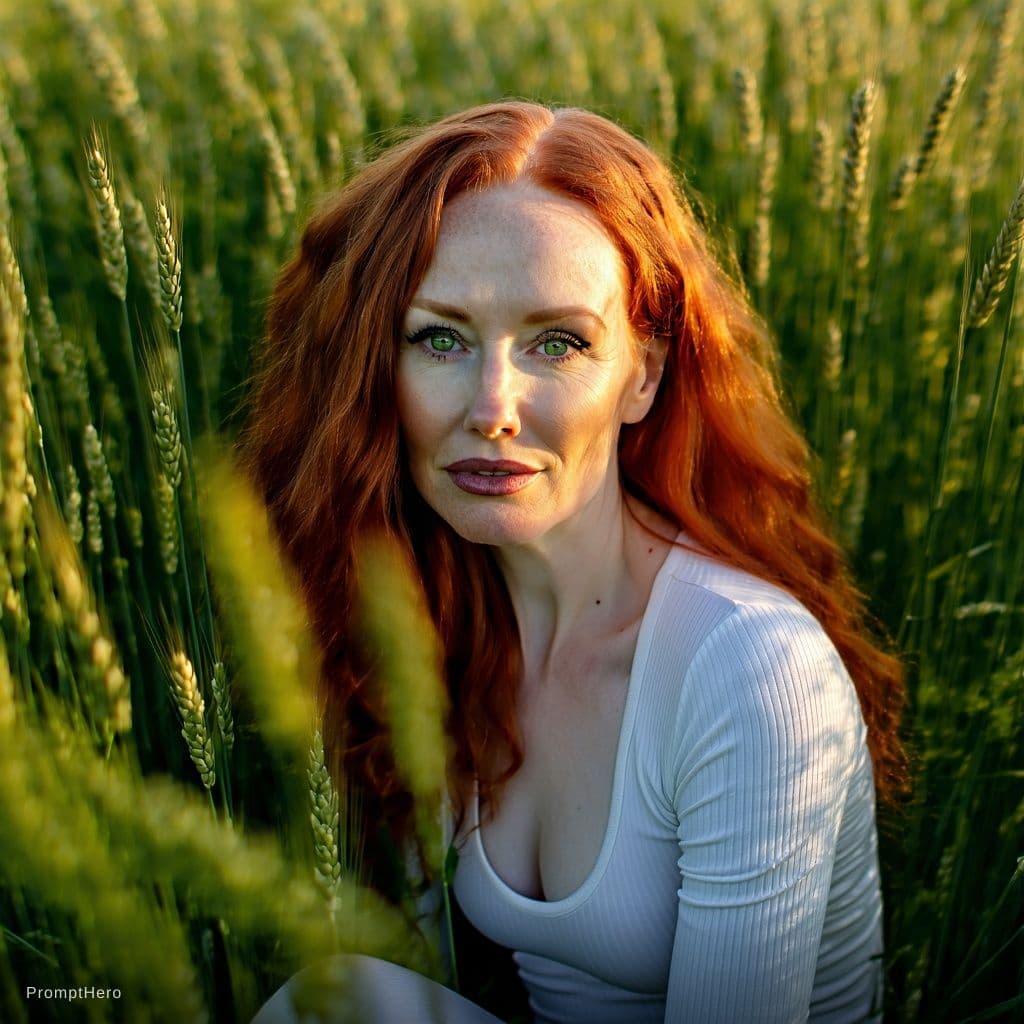 AI generated: A photorealistic portrait of a woman with vibrant, fiery red, wavy hair, seated in a field of tall g...