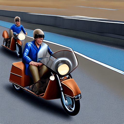 AI generated: realistic photo of a sidecar driving on the motorway with a motorcycle Trumph T120 blue and a man in...