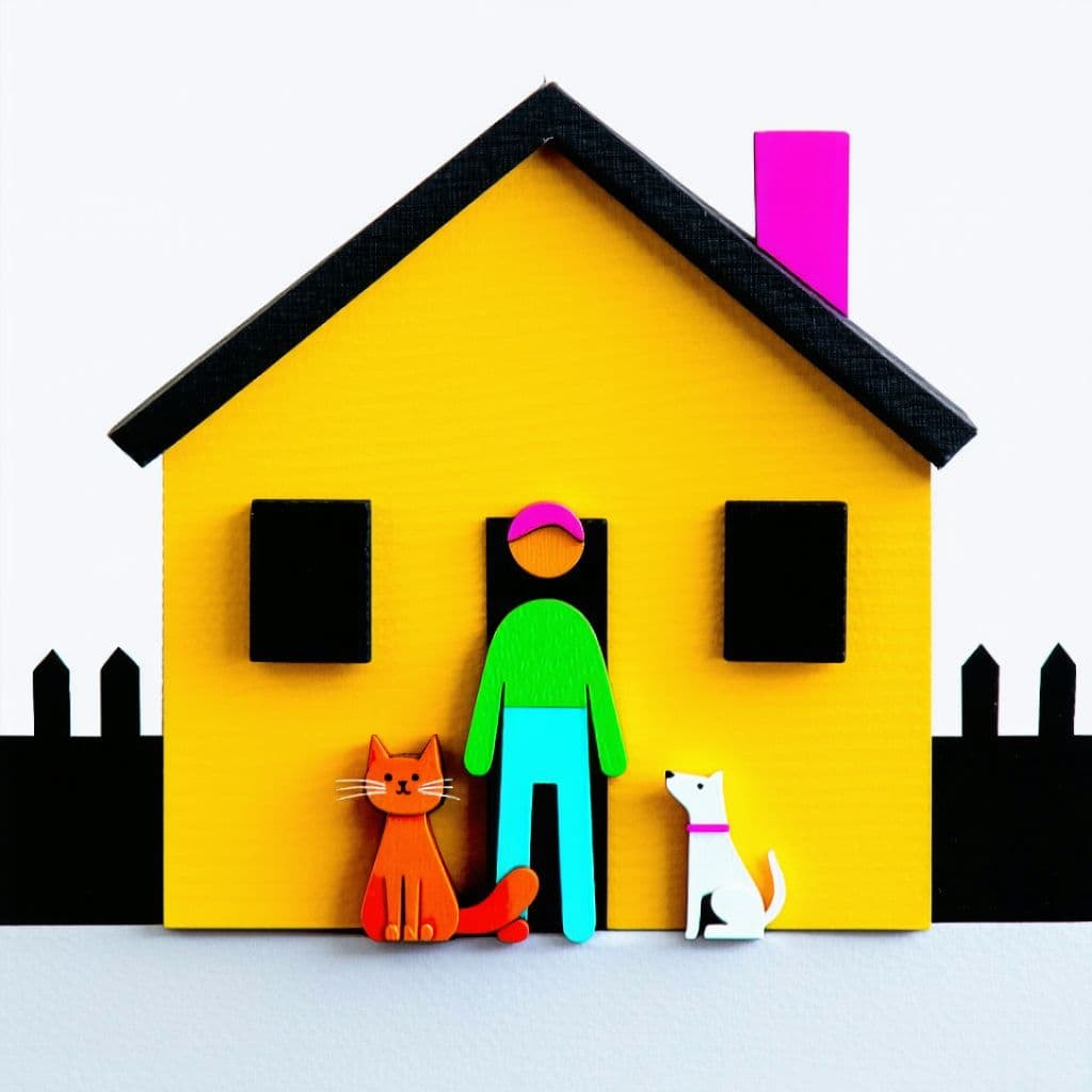 AI generated: House with a color person standing in front with a cat with a dog next to them