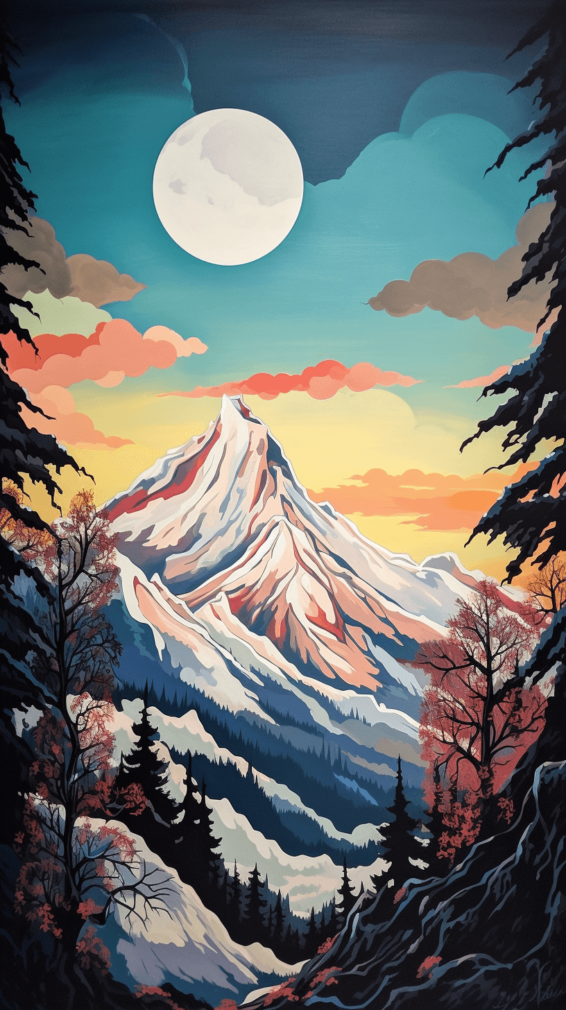 AI generated: A majestic mountain scene, with snow-capped peaks reaching towards the sky, in the style of a Bauhau...