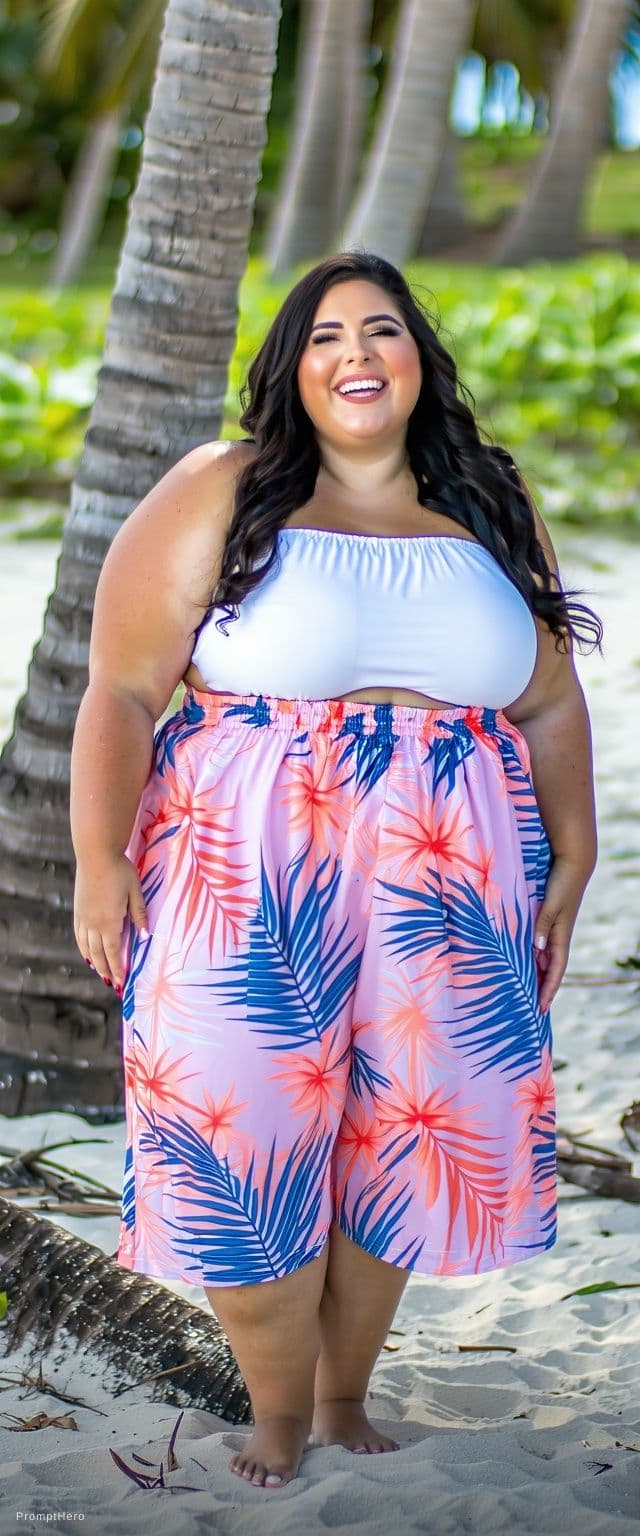 AI generated: A young plus size female model with long, wavy black hair, smiling brightly on a tropical beach. She...
