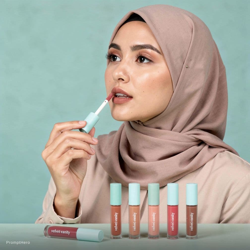 AI generated: make me a visual of a modern hijabi trying the VelvetVanity lip care products such as the ones in th...
