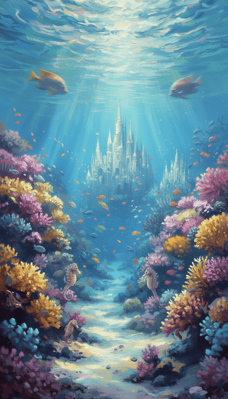 AI generated: make it in Clod Monet style, transform in HORIZONTAL orientatin, add sea castle, more fishes, sea ho...