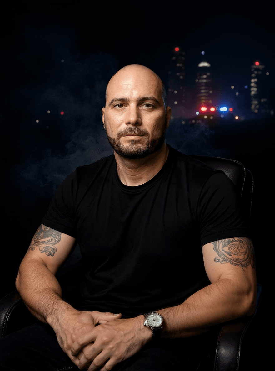 AI generated: Ultra-realistic cinematic portrait of a mafia boss sitting confidently in a dark, luxurious room fil...