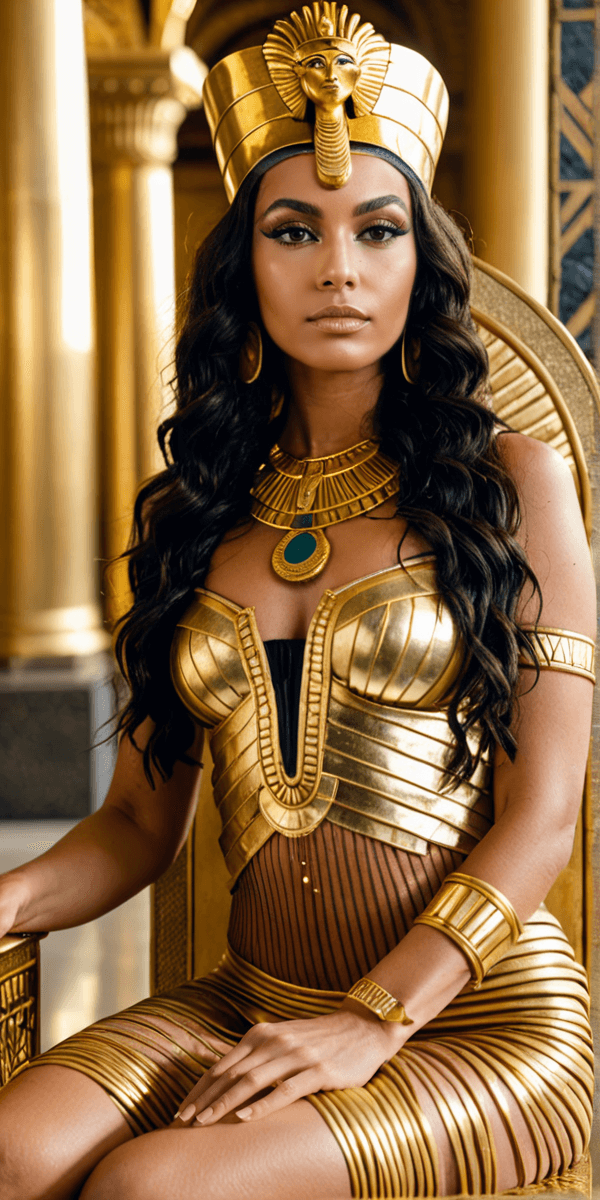AI generated: 3/4 shot, photograph of, a 32 year old woman dressed as an ancient Egyptian goddess sitting on an or...