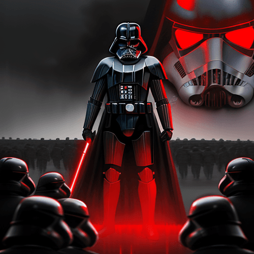 AI generated: by Jakub Rózalski darth vader, incredible beautiful red light, army of stormtroopers in the backgrou...