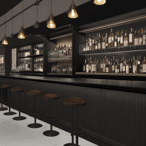AI generated: Bar interior with strict forms. The bar counter is black, the floor is light gray, milky. The bar li...