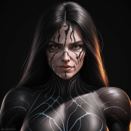 AI generated: 1 bodybuilder woman wearing symbiote with a wide jaw, young beautiful face, soft face, full body vis...