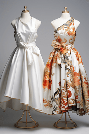 AI generated: Elegant, luxurious, and modern designer silk dresses with floral patterns and beaded embellishments,...