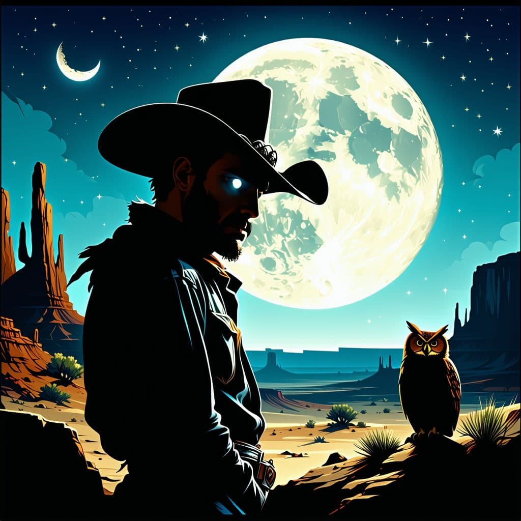 AI generated: moondrop lonesome cowboy, cartoon silhouette dark colors, left eye socket filled with smeared moonli...