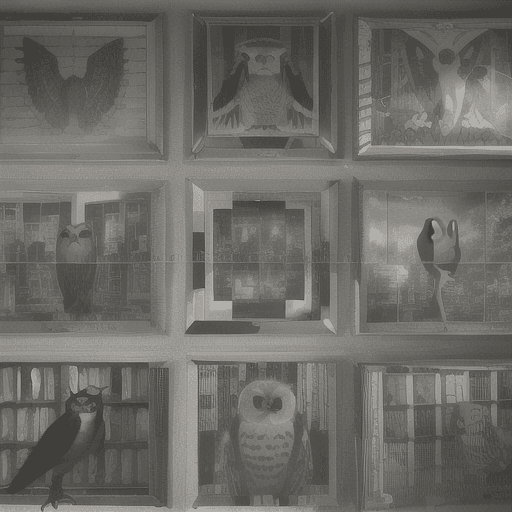 AI generated: Hyper realistic eye level exterior photo of a mid century modern style owl overlooking a wall of pho...