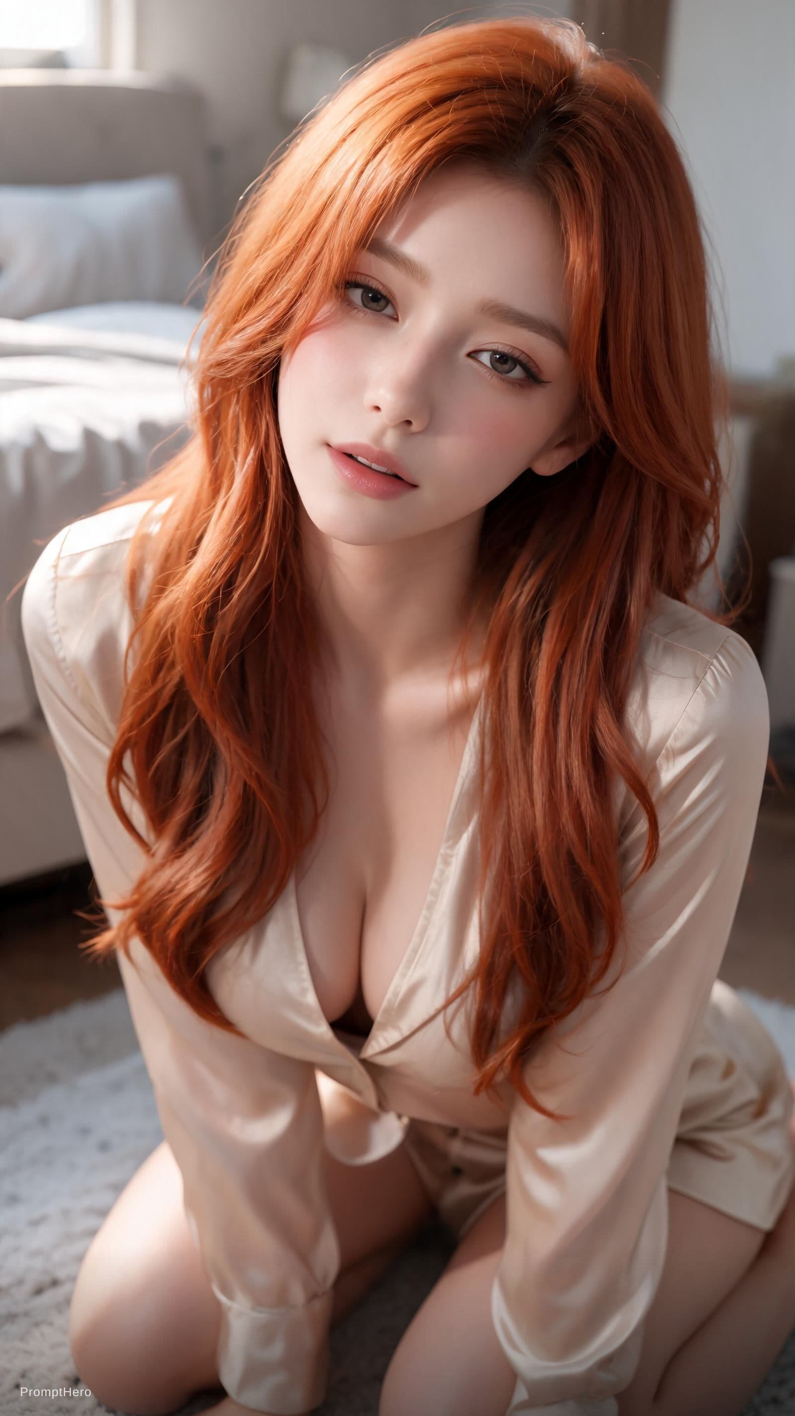 AI generated: a beautiful girl in a low cut blouse sitting on her knees and looking up.She is making a seductive f...