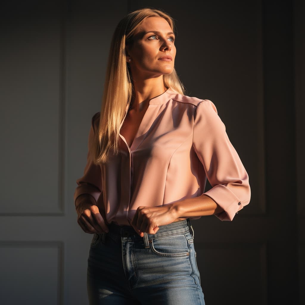 AI generated: A fit adult woman stands confidently in a dimly lit room, her long blonde hair cascading down to fra...