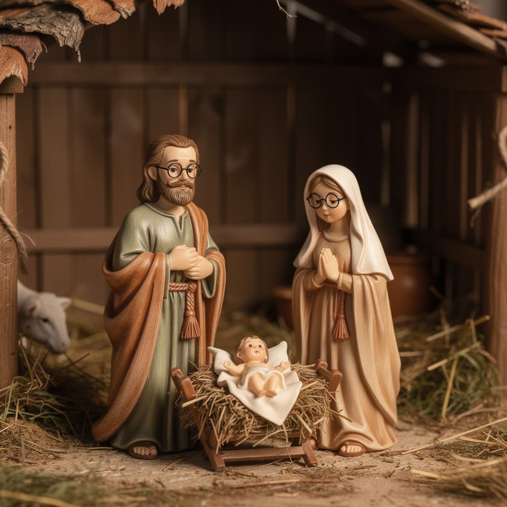 AI generated: take this couple and put like Jose in Maria in a nativity scene. they are figurines. keep the exact ...
