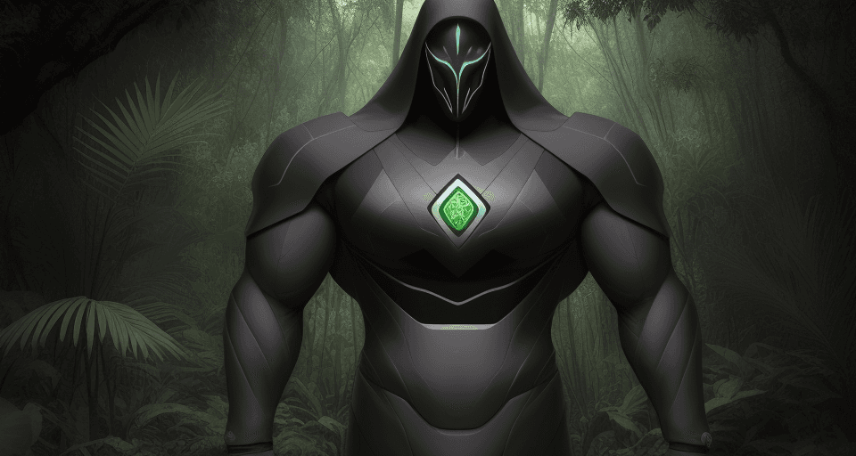 AI generated: En la espesa selva, bajo un manto de sombras vibrantes y vegetación densa, se desenvuelve un depreda...