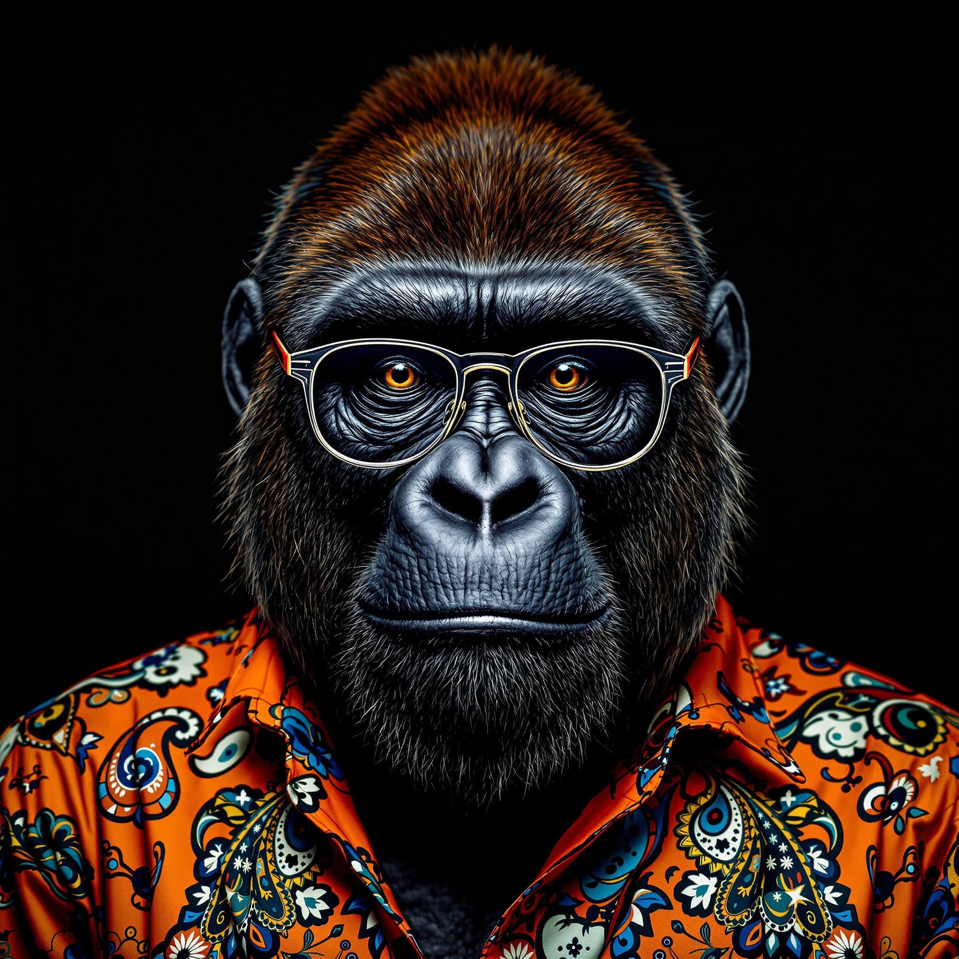 AI generated: The image features a striking and highly detailed portrayal of a gorilla donning human attire and ac...