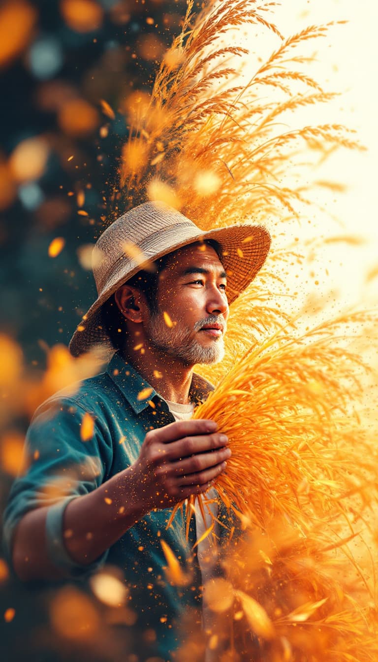 AI generated: Asian farmer man + rice double color exposure effect