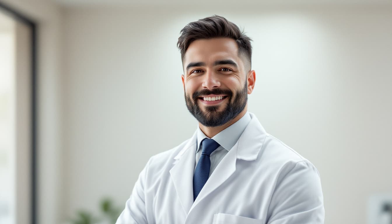 AI generated: Photorealistic portrait, wide viewing angle. A 35-year-old dentist with a short, neatly trimmed blac...