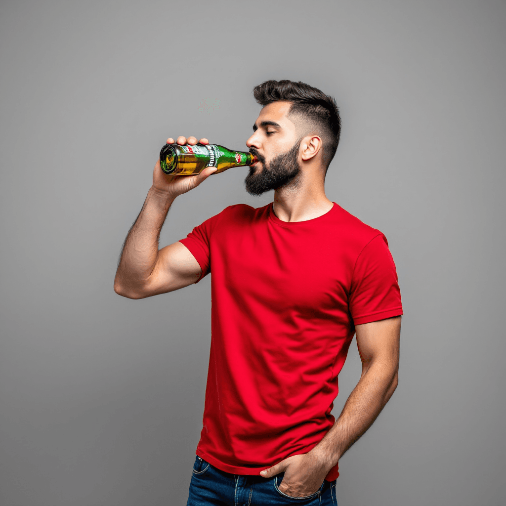 AI generated: Image of a man, short burst-taper dark hair, trimmed beard, wearing straight-cut blue jeans and red ...