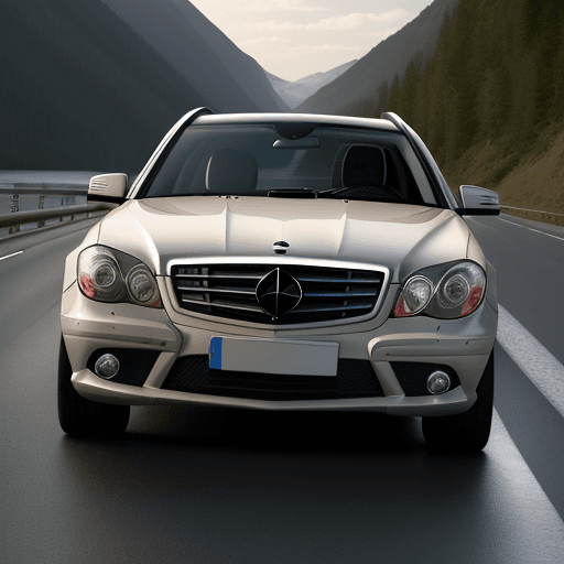 AI generated: mercedese car on the road infrnt of lake and a male model aged 30 standing