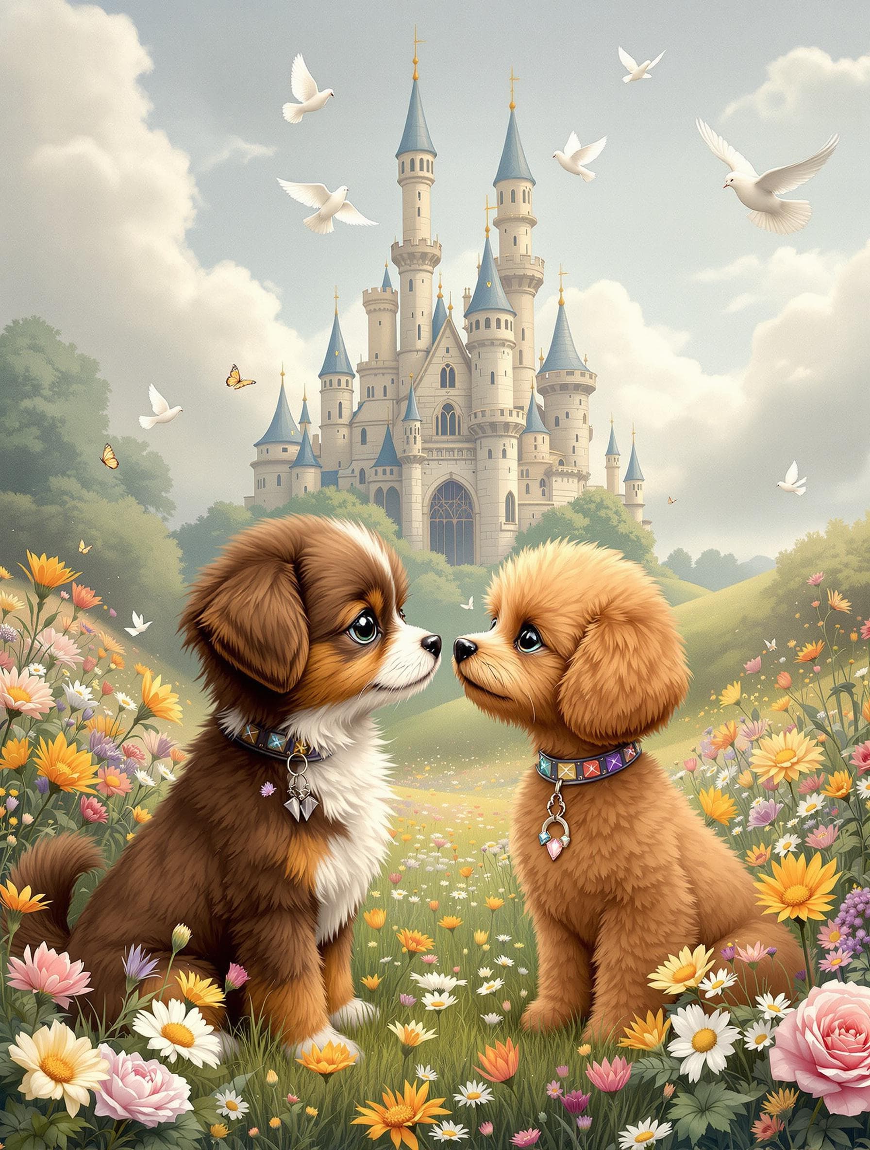 AI generated: A Taro card of a small fluffy chocolate and white Chihuahua and a red brown toy Poodle sniffing each...