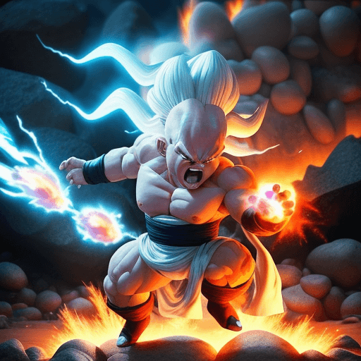 AI generated: Majin Buu Ultra Instinct, dragonballz, white fire. Very angry. The background is light, flying pebbl...