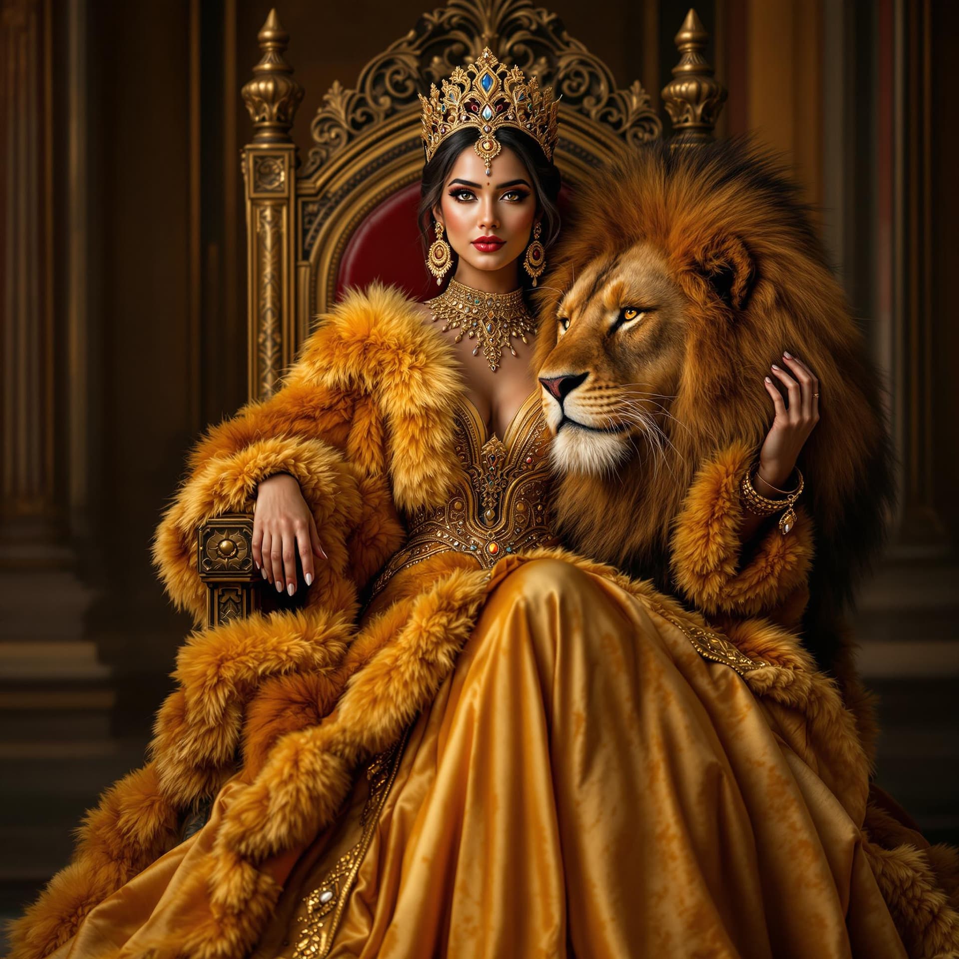 AI generated: full length portrait of an Indian woman in a royal fur golden-orange gown representing Leo zodiac si...