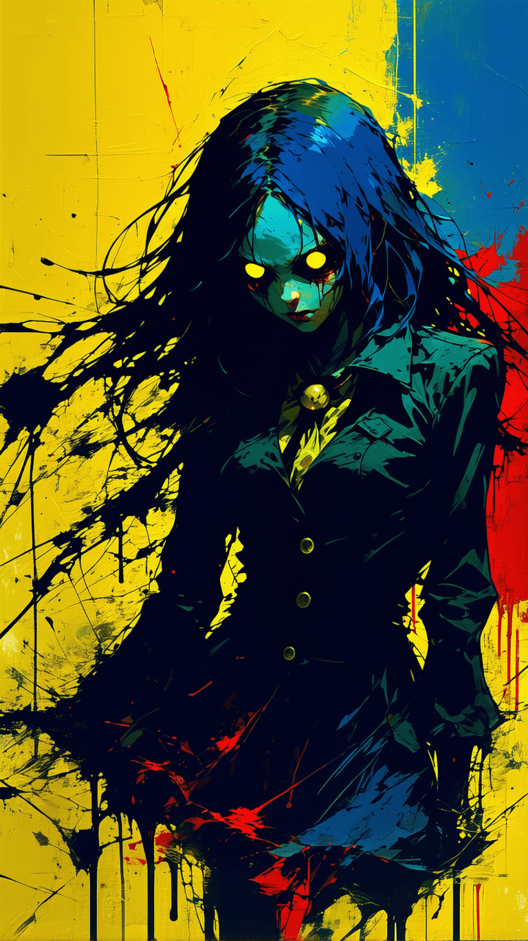 AI generated: alice madness character, primary color palette, yellow, blue, red, demon eyes, long mess hair, disfi...