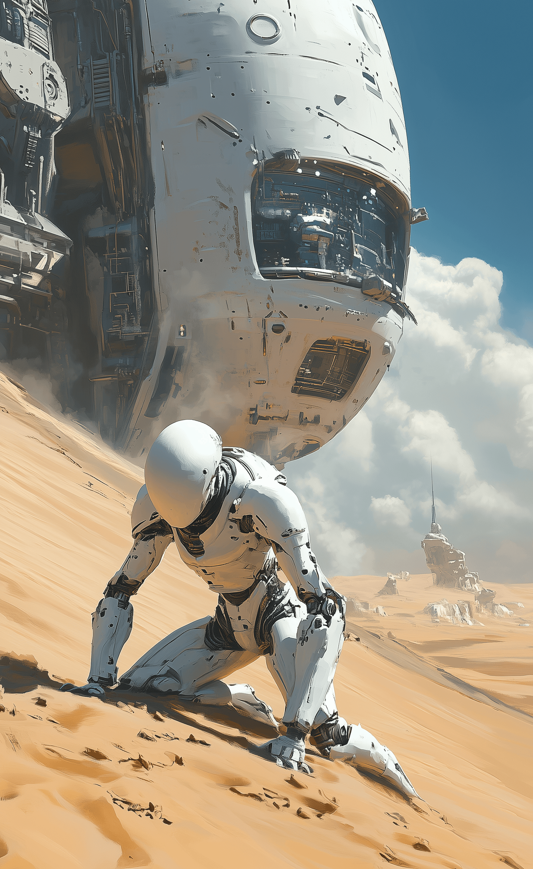 AI generated: A white humanoid robot with no face, crawling on the ground in front of an alien space station atop ...
