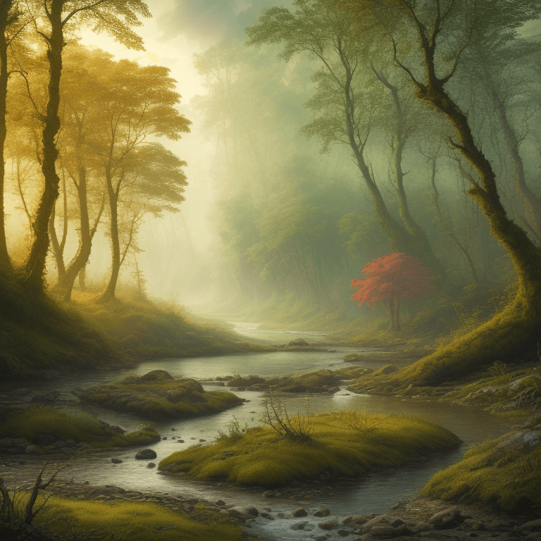 AI generated: Imaginative landscape of a river bank, with a prehistoric forest, vivid colors, 8K, detailed, early ...