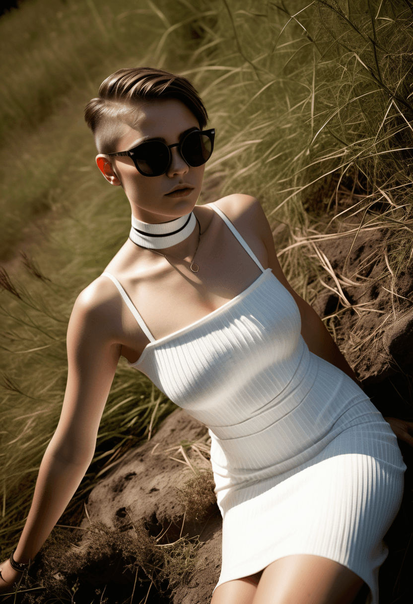 AI generated: photograph of a serious woman with undercut brunette hair with light highlights, from above, (high a...