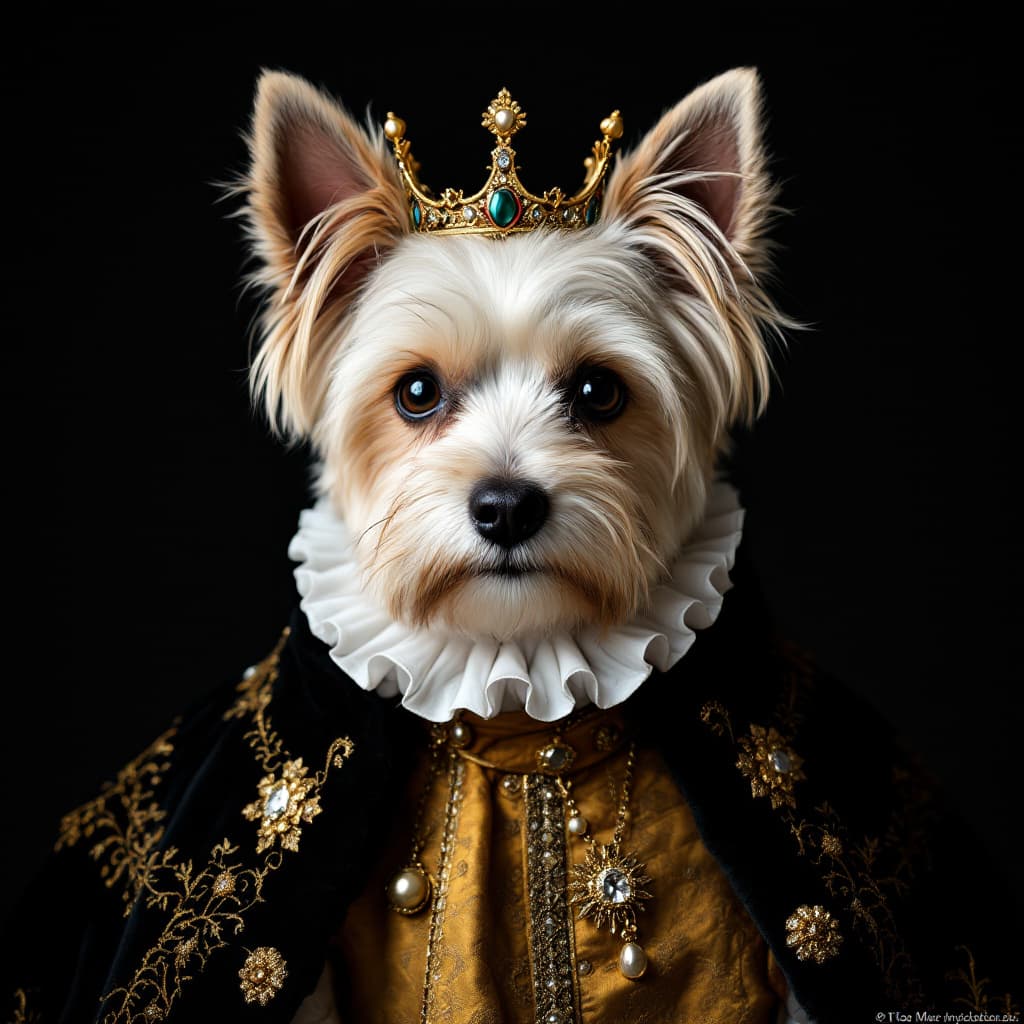 AI generated: high-resolution photograph, front, portrait, contrast, Yorkshire terrier, cute round face, pure whit...