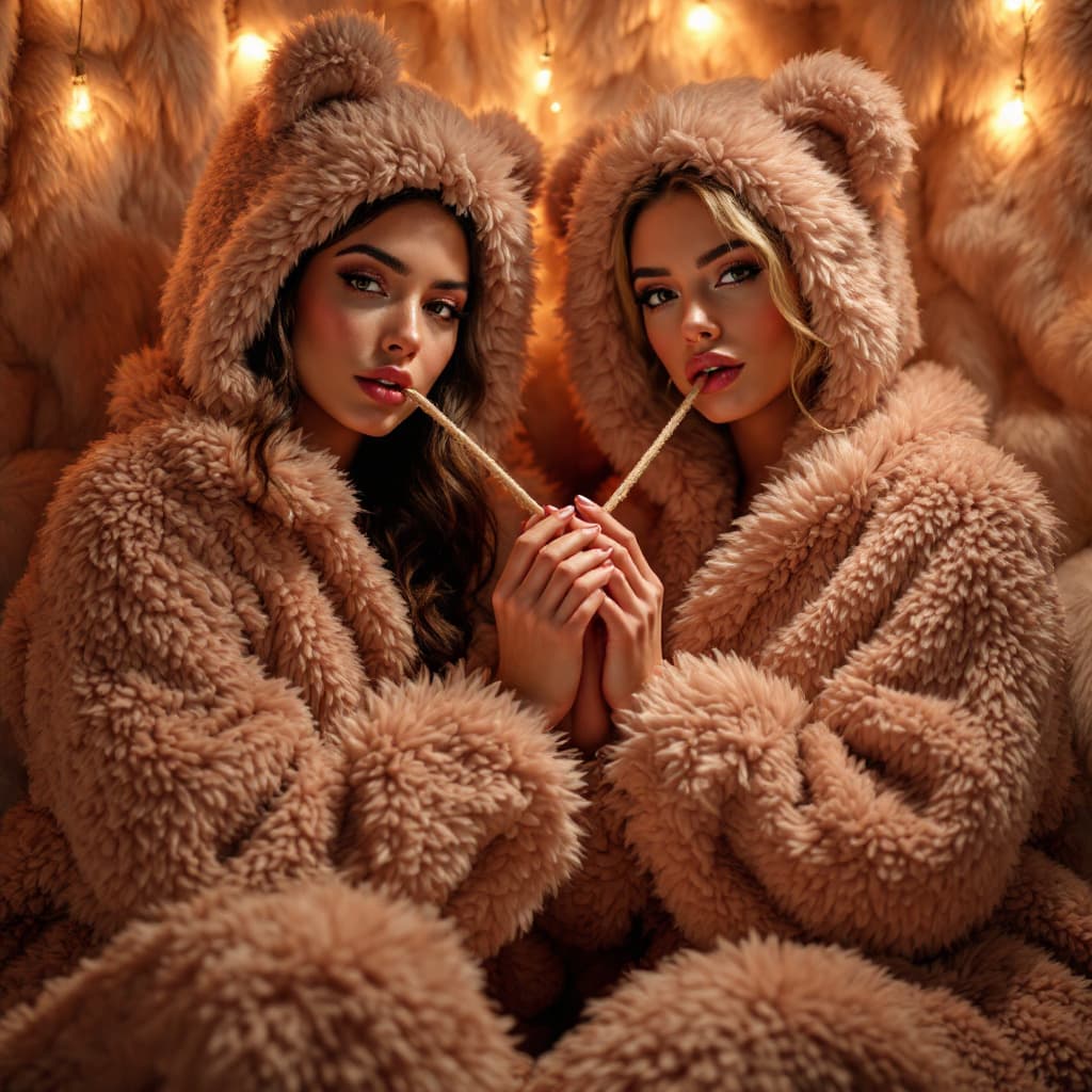 AI generated: fur room with beautiful women hands tied and gagged in fluffy teddyfleece suits