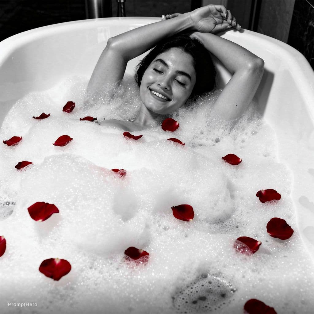 AI generated: A sensual, black and white photograph of a woman reclining in a luxurious bathtub filled with rich, ...