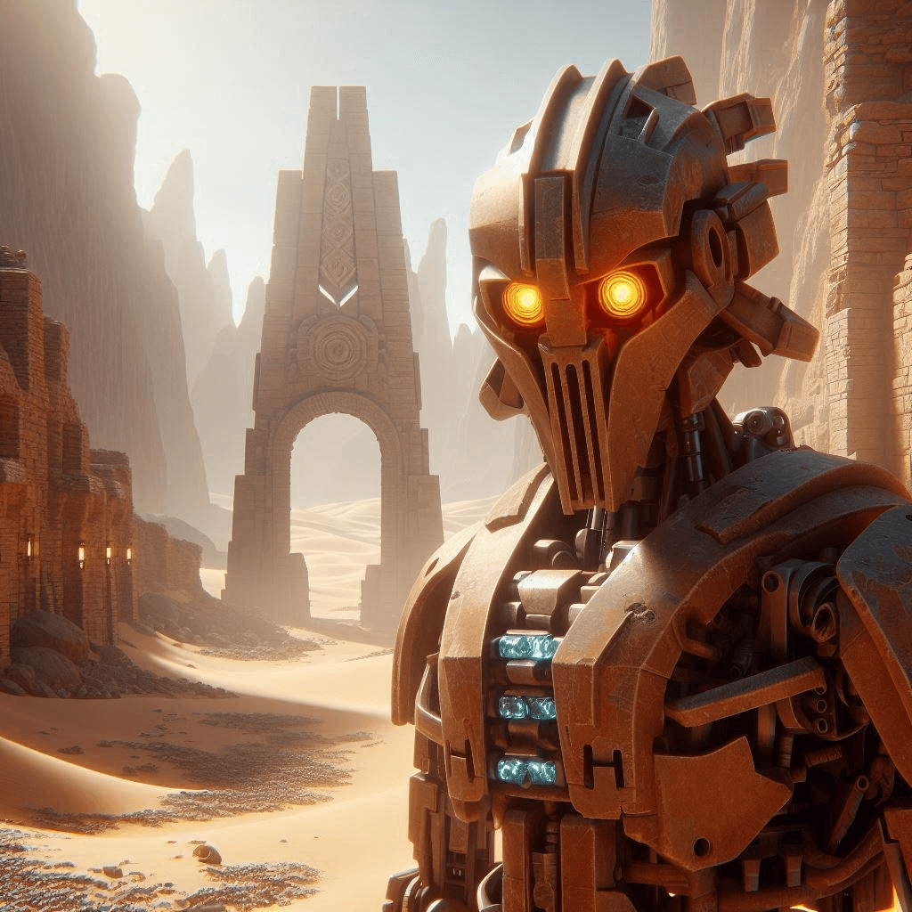 AI generated: Close-up Star Wars 4K cinematic CGI rendering of an ancient brown Bionicle Toa of Stone robot with o...