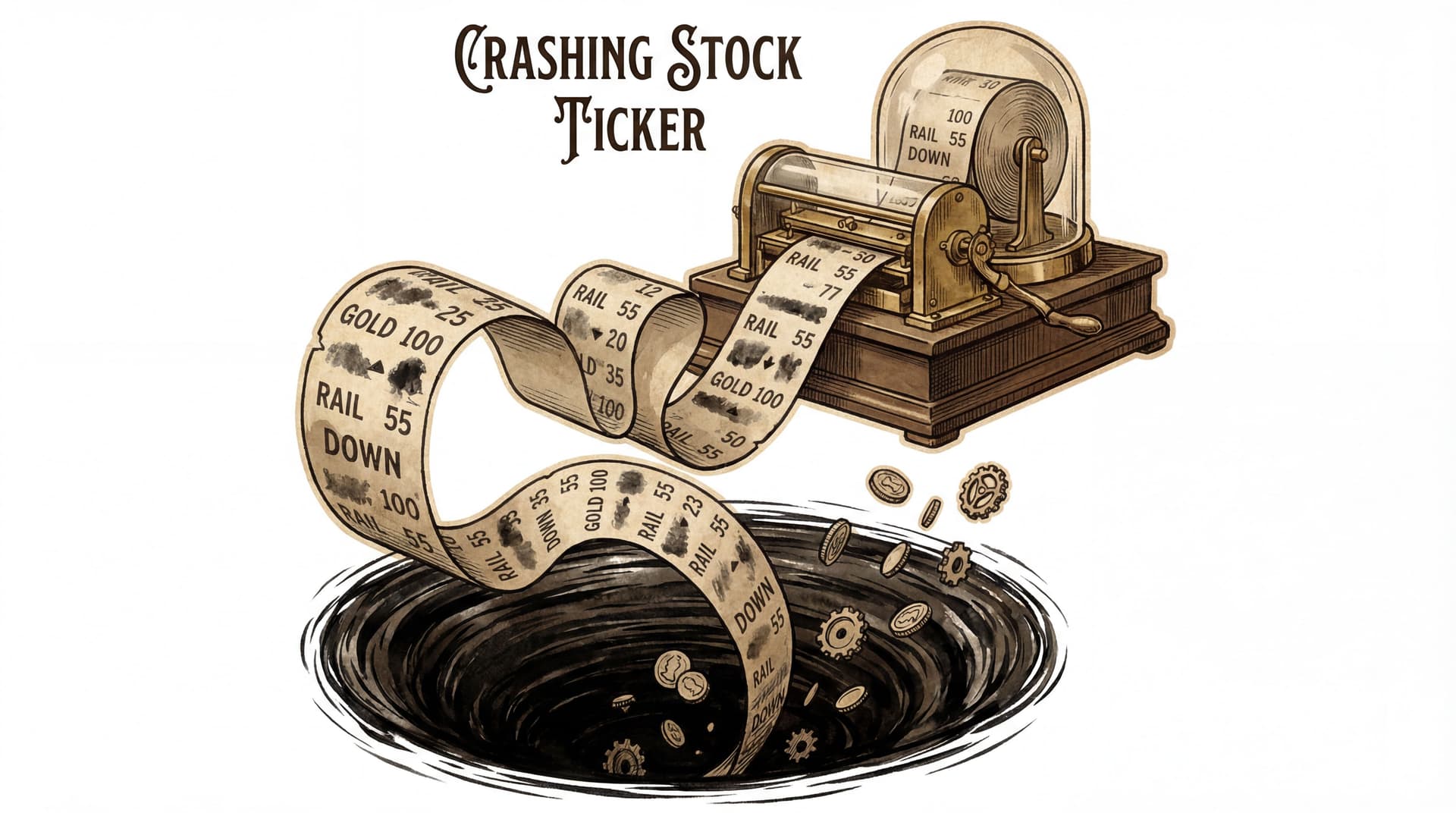 AI generated: Crashing Stock Ticker Cutout white background: "1870s style stock market ticker tape, unspooling and...
