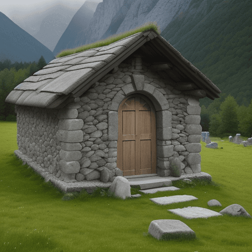AI generated: a large stone hut, without windows, with a wooden roof in a meadow near the woods of the Alps. insid...
