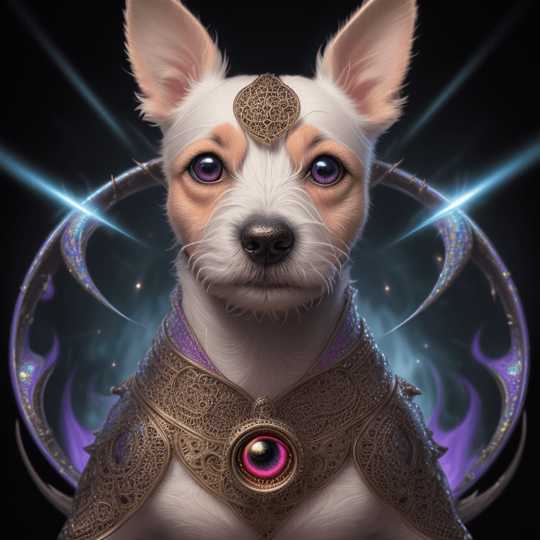 AI generated: Knelling Jack Russell Terrier dog, fire psychedelic, cute eyes,  filigree laser fractal details, gli...