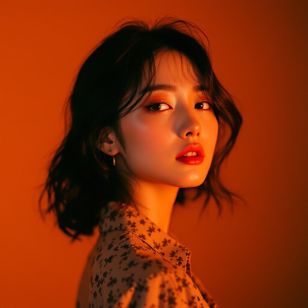 AI generated: photography, orange hue, korean woman model, solid orange backdrop, using a camera setup that mimics...