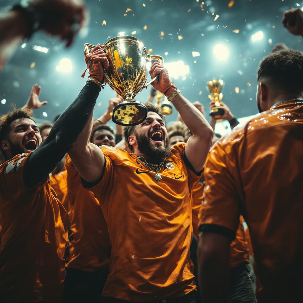 AI generated: Cyber punk football team cheering about wining holding trophies
