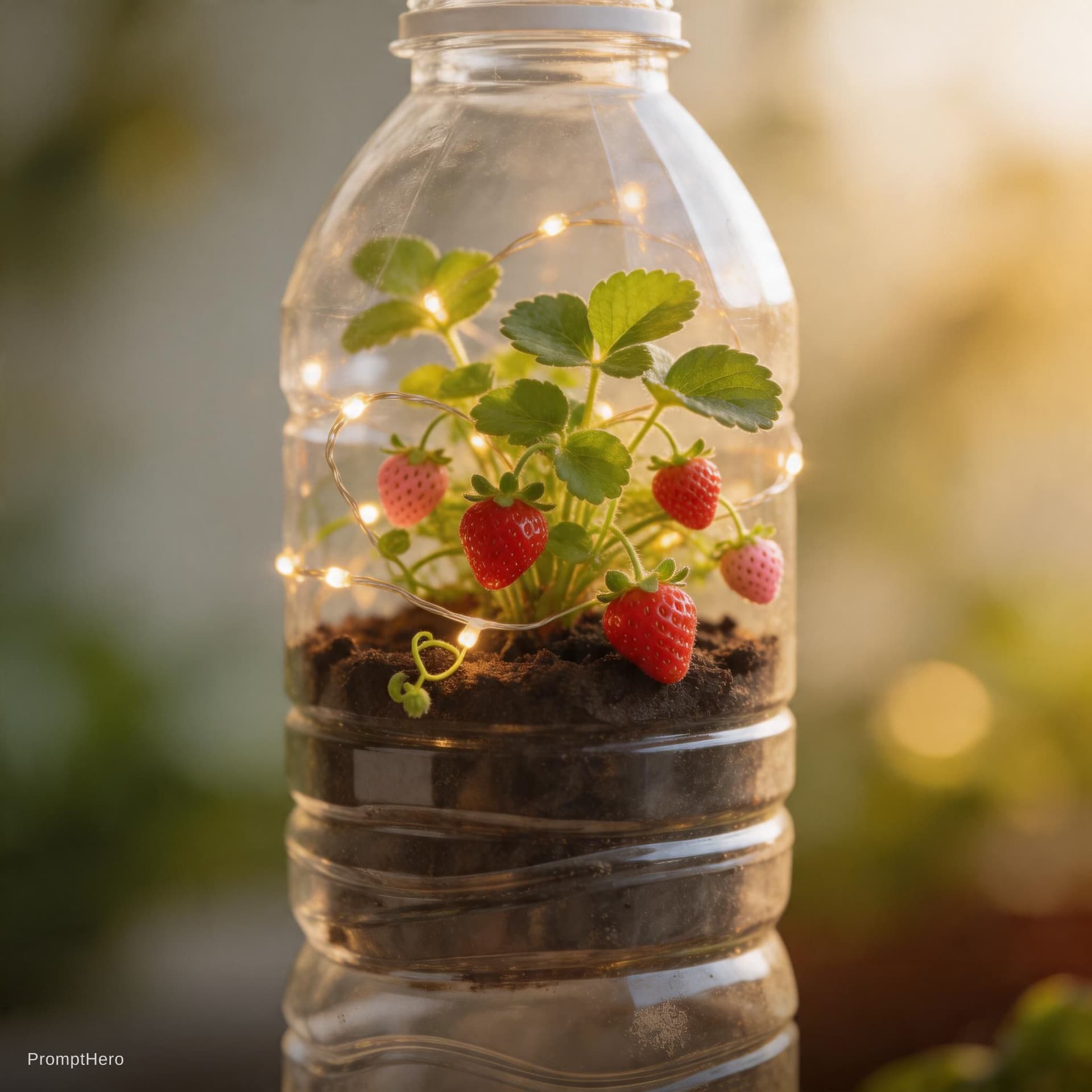 AI generated: Hyper-realistic close-up of a tiny, magical strawberry vertical garden made from a recycled plastic ...