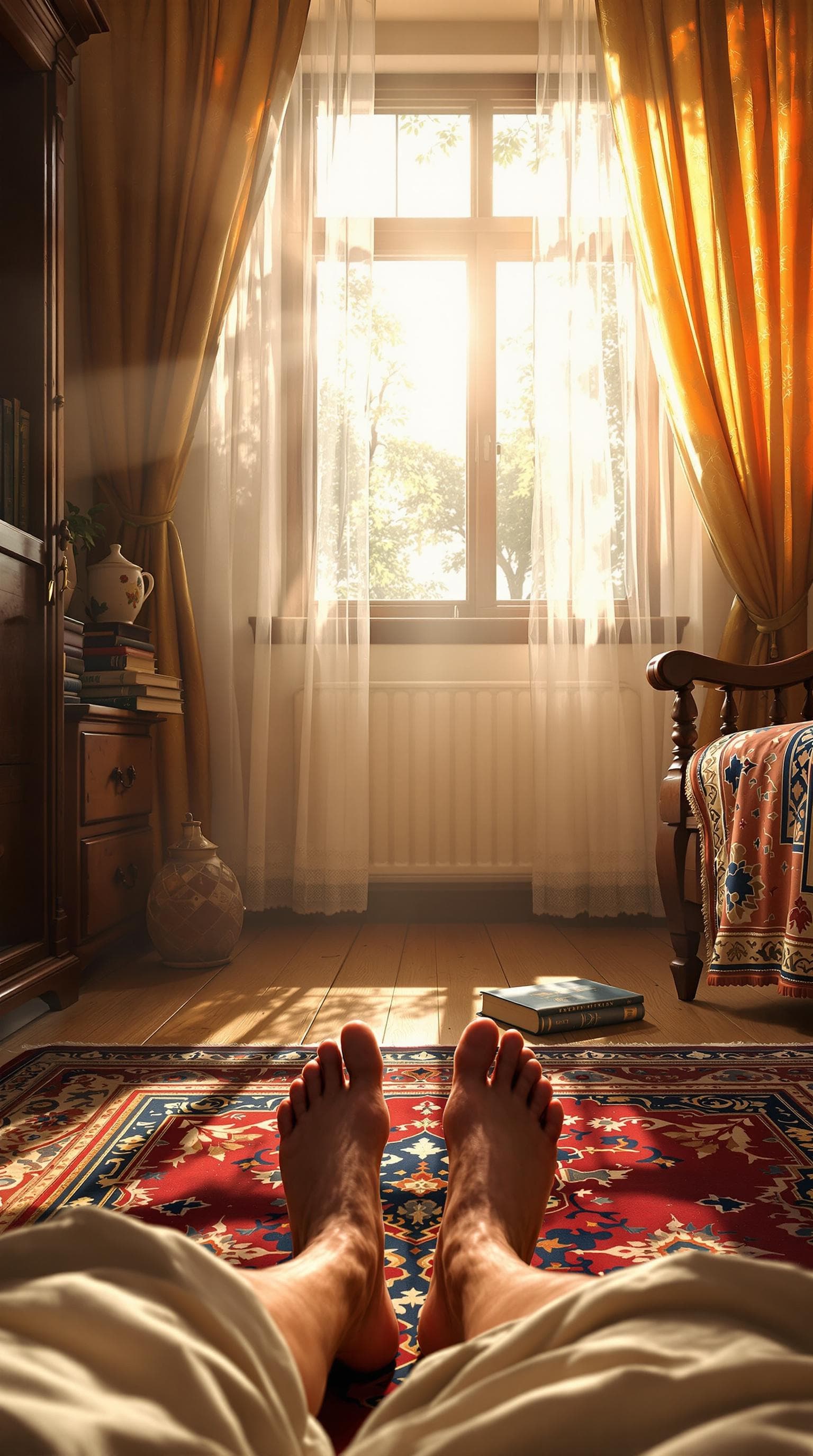 AI generated: First-person POV, The first thing visible is my bare feet resting on a Persian rug, its intricate re...