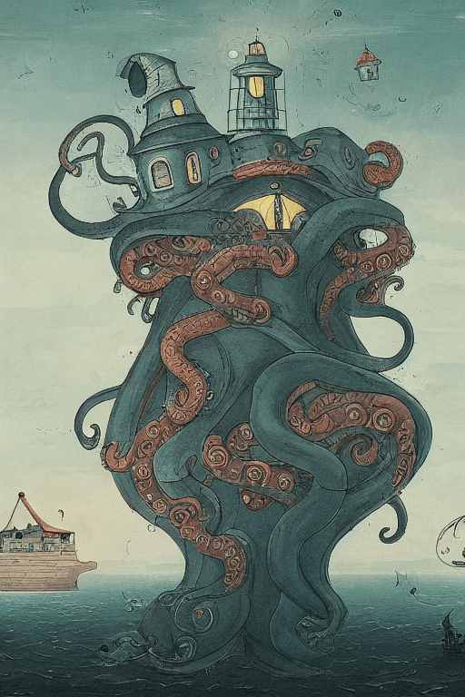 AI generated: A giant octopus with big eyes  holds a lighthouse in its tentacles painted by victo ngai, Alexander ...