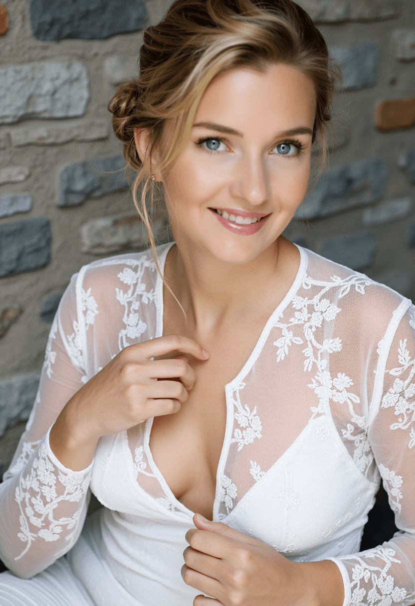 AI generated: A fit 30yo woman with fair skin and striking blue eyes poses for a portrait in soft natural light. H...